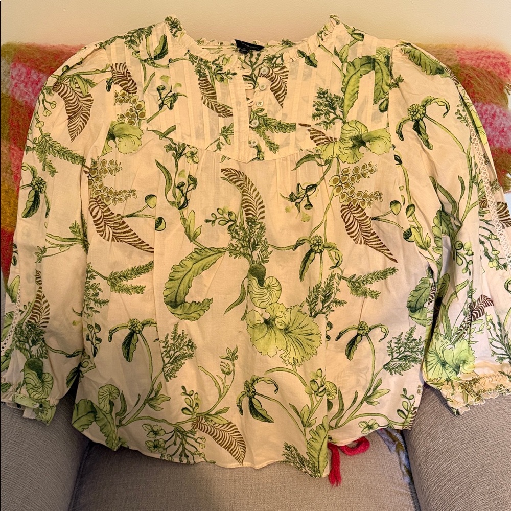 Talbots Cream Blouse with Green Botanical Print - Like New!!!